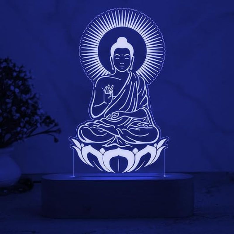 3D Illusion Buddha Night Lamp 7 Color Changing Light & Wooden Base  Home & Pooja Room Decor Light  Blessing Gift for Friends  Religious Night Lamp  Bedroom Décor Light