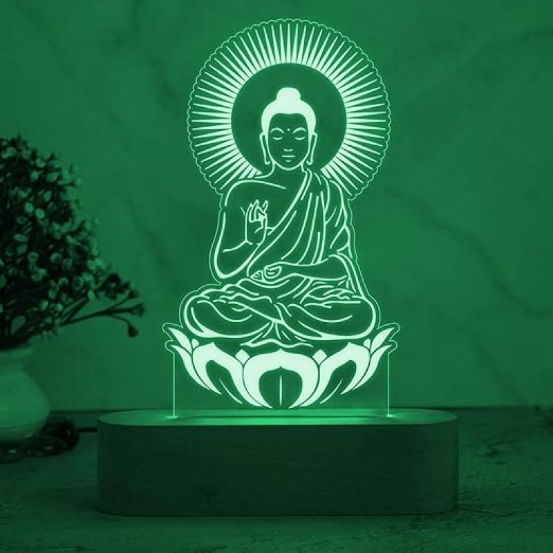 3D Illusion Buddha Night Lamp 7 Color Changing Light & Wooden Base  Home & Pooja Room Decor Light  Blessing Gift for Friends  Religious Night Lamp  Bedroom Décor Light