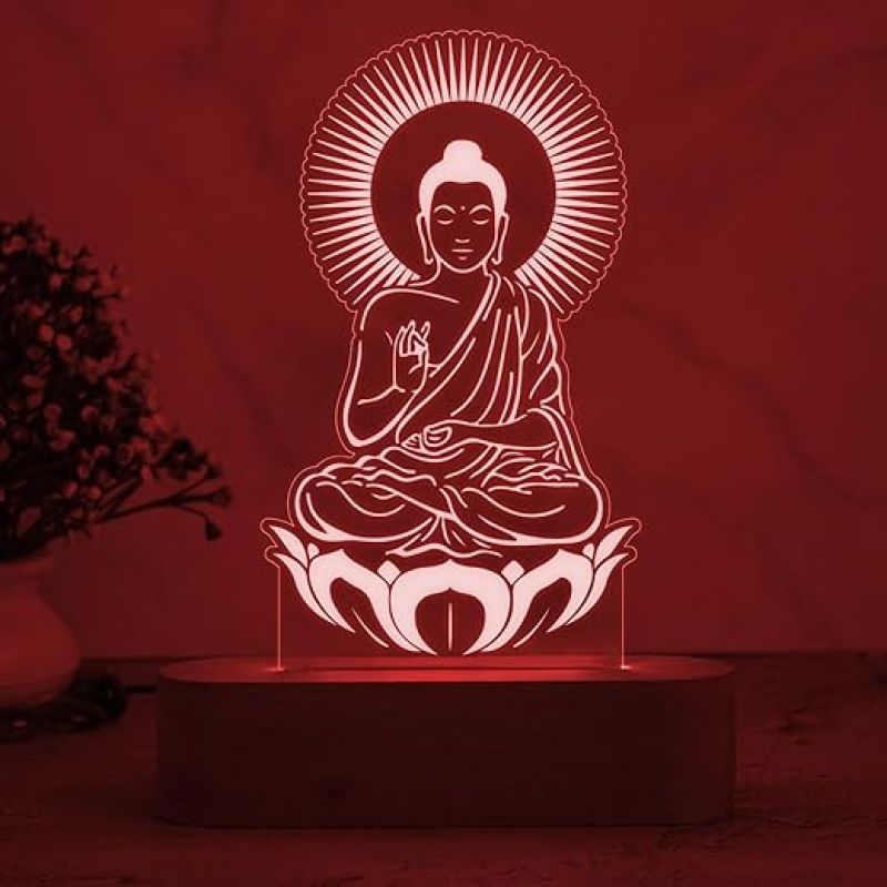 3D Illusion Buddha Night Lamp 7 Color Changing Light & Wooden Base  Home & Pooja Room Decor Light  Blessing Gift for Friends  Religious Night Lamp  Bedroom Décor Light