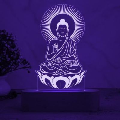 3D Illusion Buddha Night Lamp 7 Color Changing Light & Wooden Base  Home & Pooja Room Decor Light  Blessing Gift for Friends  Religious Night Lamp  Bedroom Décor Light