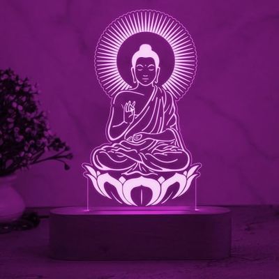 3D Illusion Buddha Night Lamp 7 Color Changing Light & Wooden Base  Home & Pooja Room Decor Light  Blessing Gift for Friends  Religious Night Lamp  Bedroom Décor Light