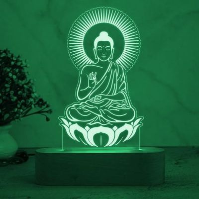 3D Illusion Buddha Night Lamp 7 Color Changing Light & Wooden Base  Home & Pooja Room Decor Light  Blessing Gift for Friends  Religious Night Lamp  Bedroom Décor Light