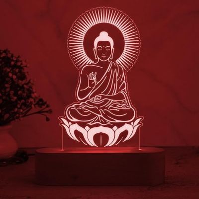 3D Illusion Buddha Night Lamp 7 Color Changing Light & Wooden Base  Home & Pooja Room Decor Light  Blessing Gift for Friends  Religious Night Lamp  Bedroom Décor Light