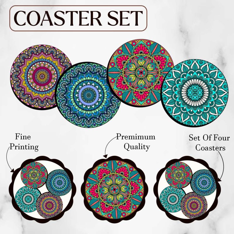 Set of 4 Printed Wooden Coaster for Tea Cups, Coffee Mugs, Glasses and Bottles  Home and Kitchen, Office Table Decor  Dining Table Decor Accessories (Mandala Art Coaster)