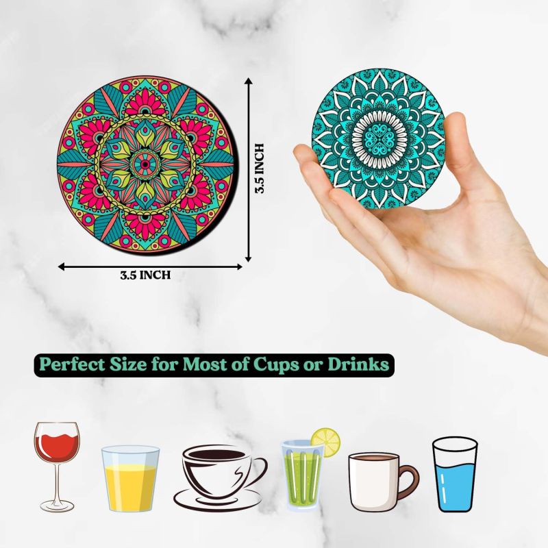 Set of 4 Printed Wooden Coaster for Tea Cups, Coffee Mugs, Glasses and Bottles  Home and Kitchen, Office Table Decor  Dining Table Decor Accessories (Mandala Art Coaster)