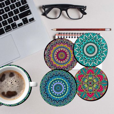 Set of 4 Printed Wooden Coaster for Tea Cups, Coffee Mugs, Glasses and Bottles  Home and Kitchen, Office Table Decor  Dining Table Decor Accessories (Mandala Art Coaster)