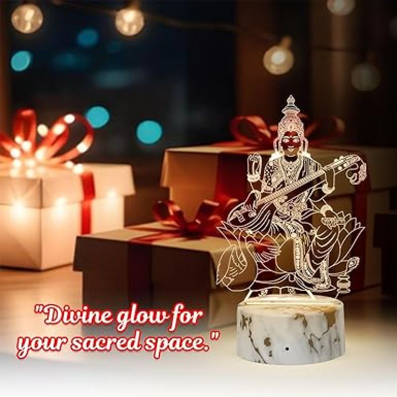 Maa Saraswati 3D Illusion Acrylic Table Lamp with Warm White Light Home Office & Pooja Room Decor Light  Blessing Gift for Student