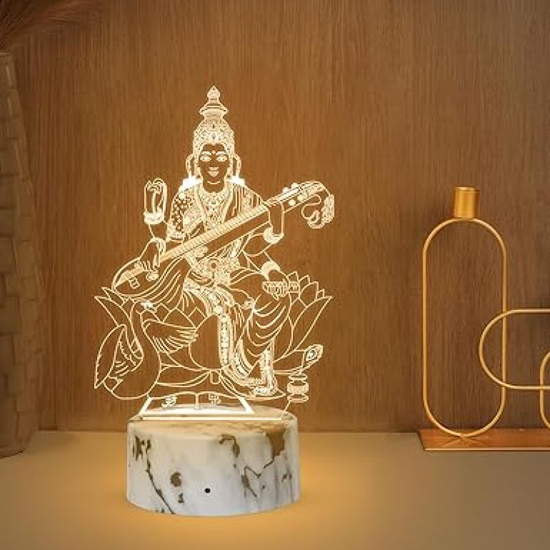 Maa Saraswati 3D Illusion Acrylic Table Lamp with Warm White Light Home Office & Pooja Room Decor Light  Blessing Gift for Student
