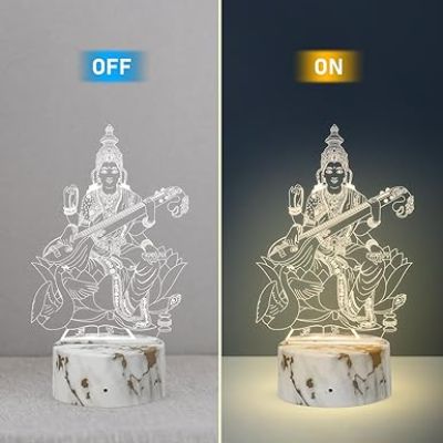 Maa Saraswati 3D Illusion Acrylic Table Lamp with Warm White Light Home Office & Pooja Room Decor Light  Blessing Gift for Student