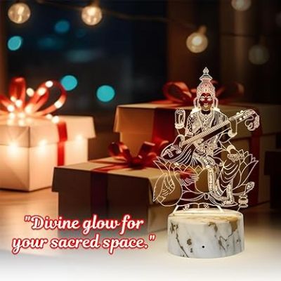 Maa Saraswati 3D Illusion Acrylic Table Lamp with Warm White Light Home Office & Pooja Room Decor Light  Blessing Gift for Student