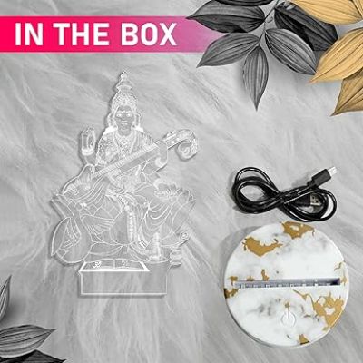 Maa Saraswati 3D Illusion Acrylic Table Lamp with Warm White Light Home Office & Pooja Room Decor Light  Blessing Gift for Student