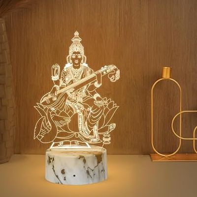 Maa Saraswati 3D Illusion Acrylic Table Lamp with Warm White Light Home Office & Pooja Room Decor Light  Blessing Gift for Student