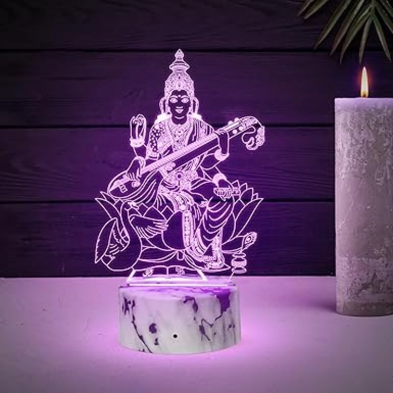 Maa Saraswati 3D Illusion Acrylic Table Lamp with Automatic Color Changing Light  Home Office & Pooja Room Decor Light  Blessing Gift for Student