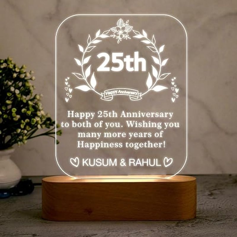 Personalized 25th Happy Anniversary Night Lamp with Cool White Light  Customized with Name & Text  Gift for Husband Wife Parents  25th Anniversary Gift