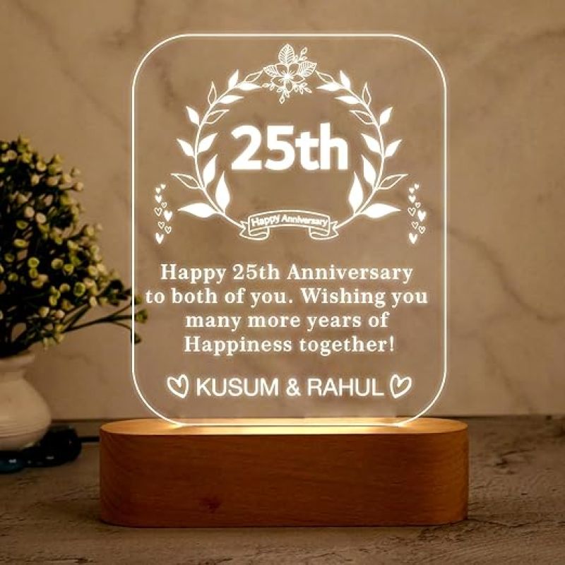 Personalized 25th Happy Anniversary Night Lamp with Cool White Light  Customized with Name & Text  Gift for Husband Wife Parents  25th Anniversary Gift