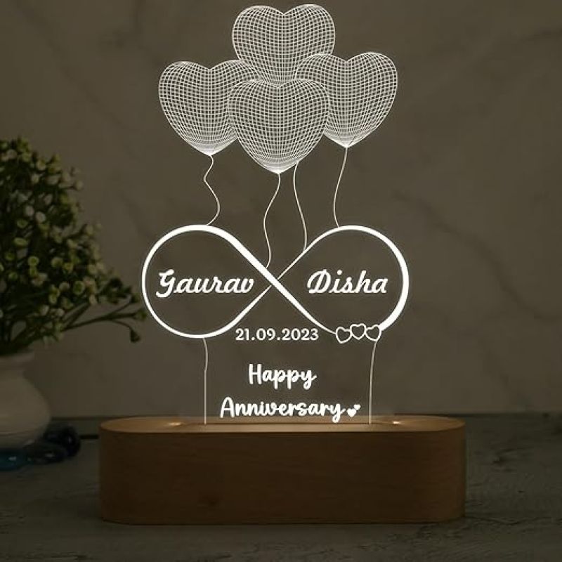 Personalized Heart Lamp 3D Illusion Table Lamp Customized with Name & Date  Gift for Anniversary, Birthday, Valentine Day (Warm White Light)