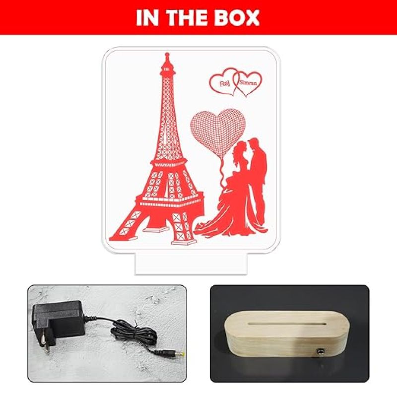 3D Illusion Eiffel Design Lamp Personalized with Couple Name & Cool White Light  Gift for Anniversary  Gift for Husband Wife  Bedroom Decor Light