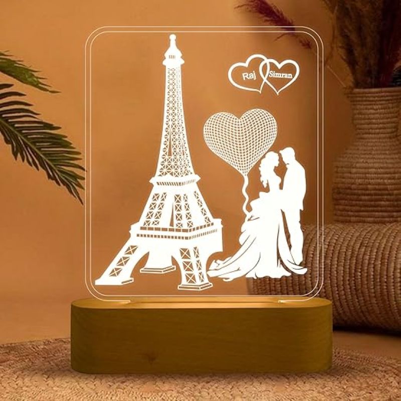 3D Illusion Eiffel Design Lamp Personalized with Couple Name & Cool White Light  Gift for Anniversary  Gift for Husband Wife  Bedroom Decor Light