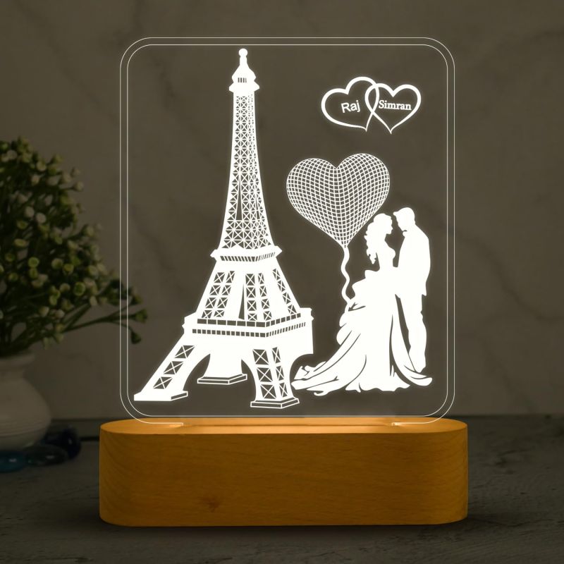 3D Illusion Eiffel Design Lamp Personalized with Couple Name & Cool White Light  Gift for Anniversary  Gift for Husband Wife  Bedroom Decor Light