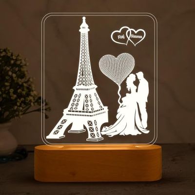 3D Illusion Eiffel Design Lamp Personalized with Couple Name & Cool White Light  Gift for Anniversary  Gift for Husband Wife  Bedroom Decor Light