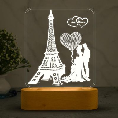 3D Illusion Eiffel Design Lamp Personalized with Couple Name & Cool White Light  Gift for Anniversary  Gift for Husband Wife  Bedroom Decor Light