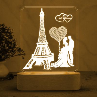 3D Illusion Eiffel Design Lamp Personalized with Couple Name & Cool White Light  Gift for Anniversary  Gift for Husband Wife  Bedroom Decor Light