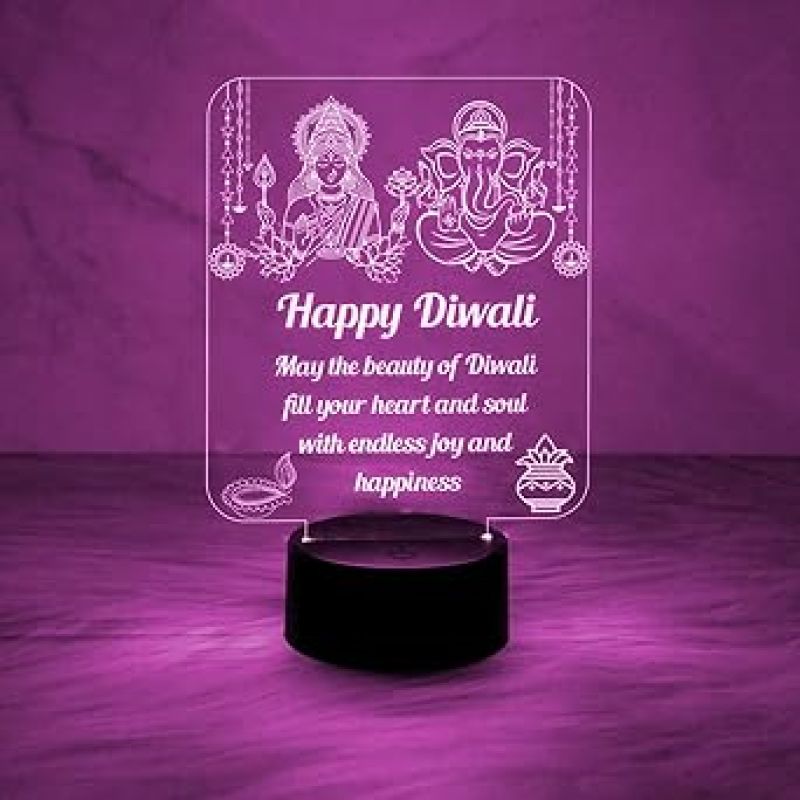 Laxmi Ganesh God Night Lamp with Happy Diwali Engraved Desk Table Lamp  Blessing Gift for Diwali  Diwali Gift for Employees  Diwali Gift for Family  Multicolored Light