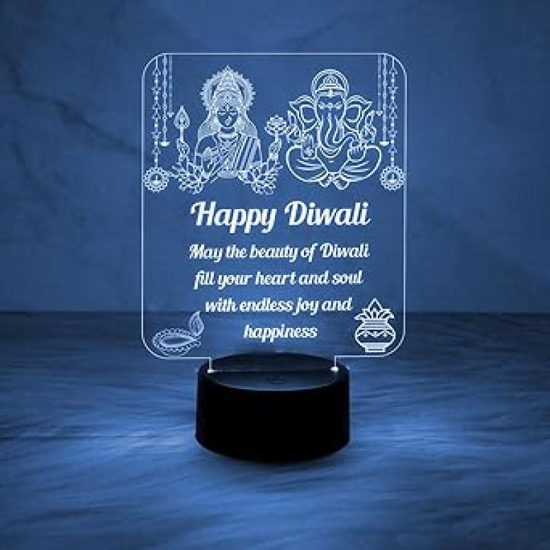Laxmi Ganesh God Night Lamp with Happy Diwali Engraved Desk Table Lamp  Blessing Gift for Diwali  Diwali Gift for Employees  Diwali Gift for Family  Multicolored Light