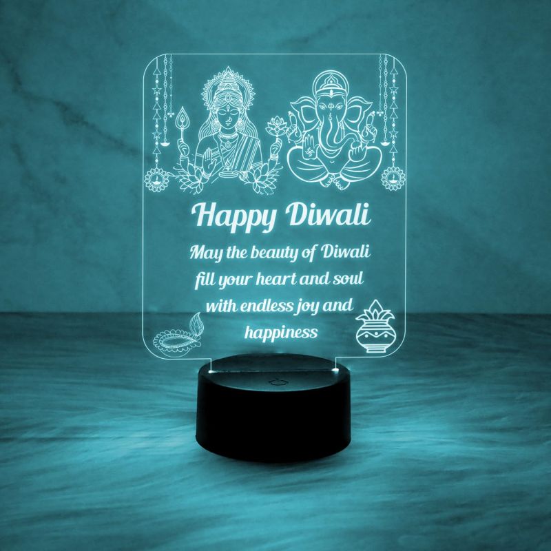 Laxmi Ganesh God Night Lamp with Happy Diwali Engraved Desk Table Lamp  Blessing Gift for Diwali  Diwali Gift for Employees  Diwali Gift for Family  Multicolored Light