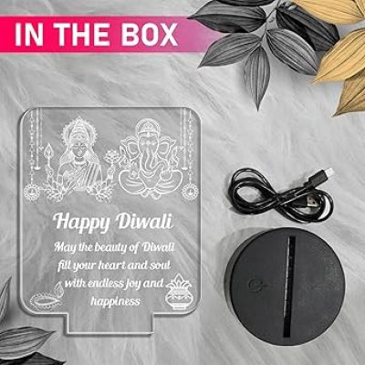 Laxmi Ganesh God Night Lamp with Happy Diwali Engraved Desk Table Lamp  Blessing Gift for Diwali  Diwali Gift for Employees  Diwali Gift for Family  Multicolored Light