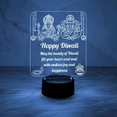 Laxmi Ganesh God Night Lamp with Happy Diwali Engraved Desk Table Lamp  Blessing Gift for Diwali  Diwali Gift for Employees  Diwali Gift for Family  Multicolored Light