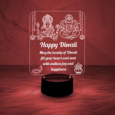 Laxmi Ganesh God Night Lamp with Happy Diwali Engraved Desk Table Lamp  Blessing Gift for Diwali  Diwali Gift for Employees  Diwali Gift for Family  Multicolored Light