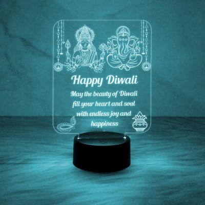Laxmi Ganesh God Night Lamp with Happy Diwali Engraved Desk Table Lamp  Blessing Gift for Diwali  Diwali Gift for Employees  Diwali Gift for Family  Multicolored Light