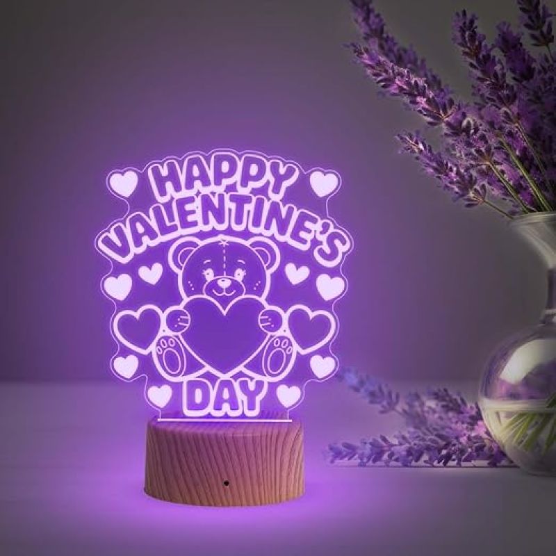 Cute Teddy Happy Valentine's Day Gift Night Lamp with Automatic Color Changing Light  Gift for Teddy Day  Valentine Day Gift Lamp for Girlfriend Boyfriend