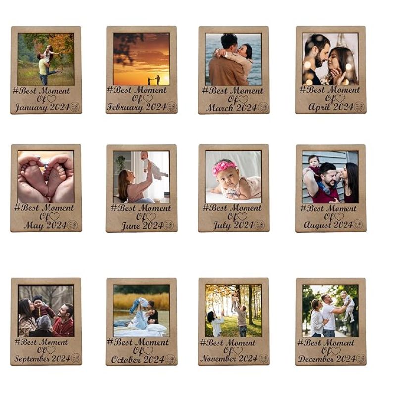 Pack of 12 Wooden Photo Frame Fridge Magnet  Capture Your Best Moment Photo Frame  Blank Cutouts Magnets  Gift For Family, Friend  Refrigerator & Almirah Decor Magnet (Best Moment of 2024)