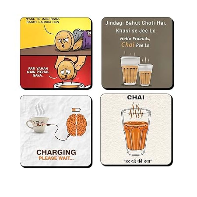 Set of 4 Printed Wooden Coaster for Tea Cups, Coffee Mugs, Glasses and Bottles  Home and Kitchen, Office Table Decor  Dining Table Decor Accessories (Chai Coasters with Quotes)