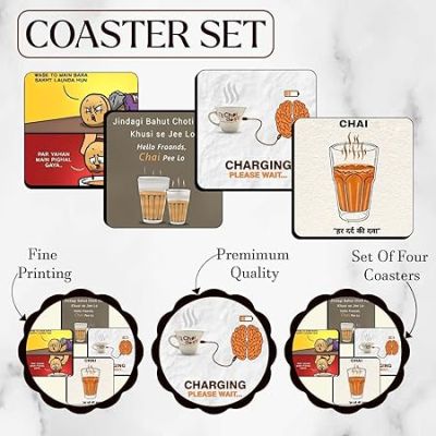 Set of 4 Printed Wooden Coaster for Tea Cups, Coffee Mugs, Glasses and Bottles  Home and Kitchen, Office Table Decor  Dining Table Decor Accessories (Chai Coasters with Quotes)