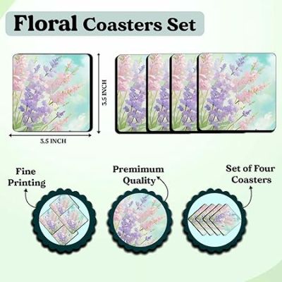 Set of 4 Wooden Coasters for Home and Kitchen  Dining Table Decor  Square Coasters  Kitchen Decorative Items  Table Decoration  Home Decor (Floral Flower)