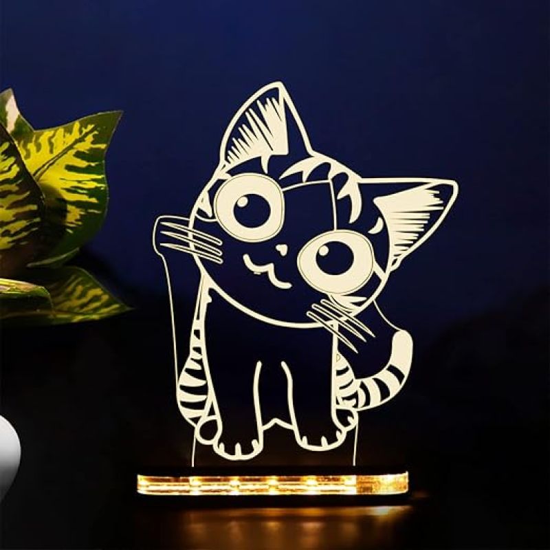 3D Illusion Cute Cat Night Lamp  Gift for Kids  Cute Night Lamp  Kids Room & Home Decor Light Wooden Base