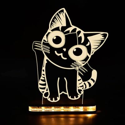 3D Illusion Cute Cat Night Lamp  Gift for Kids  Cute Night Lamp  Kids Room & Home Decor Light Wooden Base