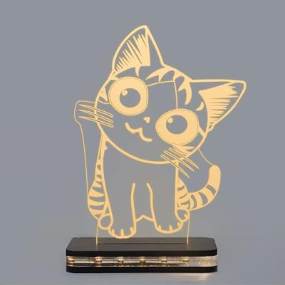 3D Illusion Cute Cat Night Lamp  Gift for Kids  Cute Night Lamp  Kids Room & Home Decor Light Wooden Base