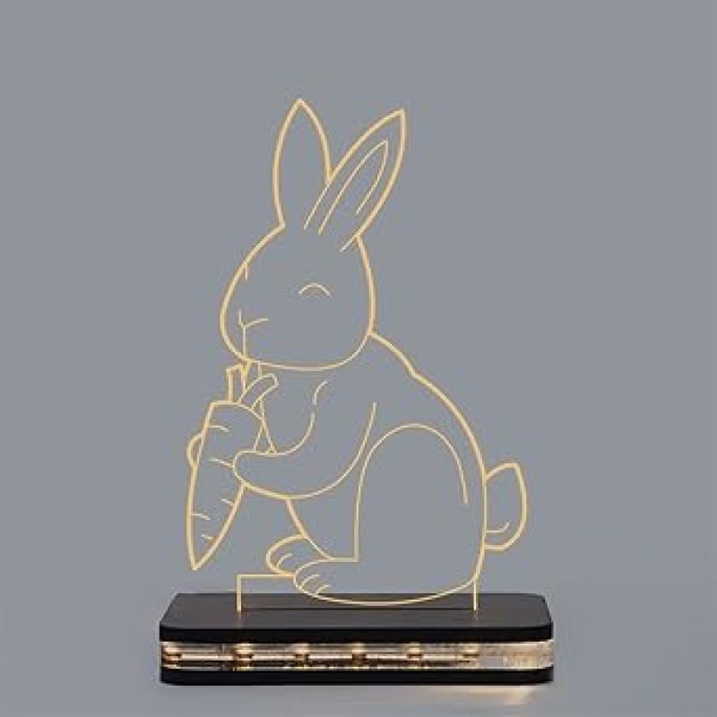 3D Illusion Cute Rabbit Night Light Gift for Children's Warm White Light with Wooden Base