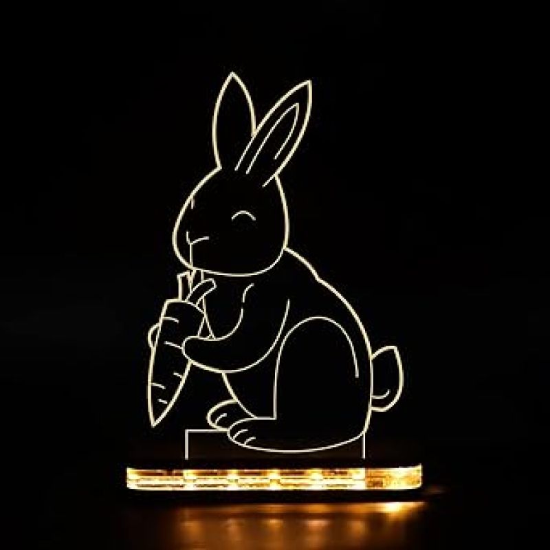 3D Illusion Cute Rabbit Night Light Gift for Children's Warm White Light with Wooden Base