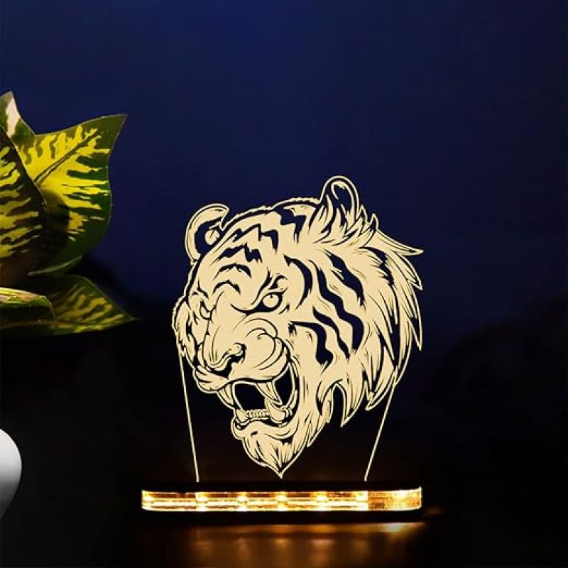 3D Illusion Tiger Animal Night lamp Home Decoration night light Gift for Kids Warm White Light with Wooden Base