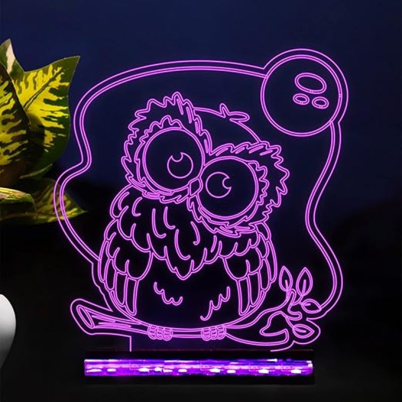 3D Illusion owl Acrylic led Night lamp for Kids Room & Home décor Light (Multicolored) Wooden Base