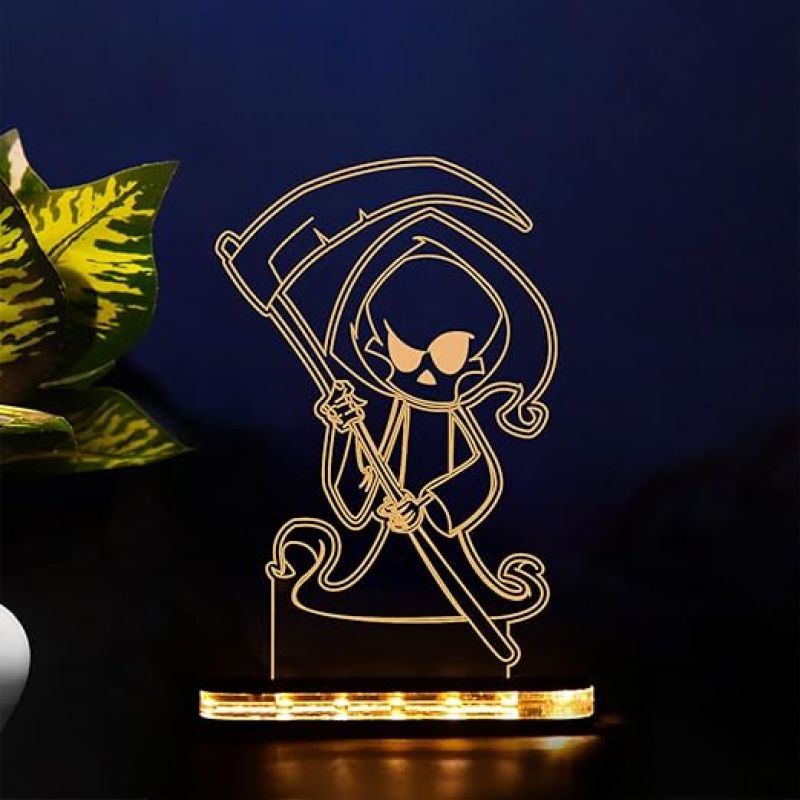 3D Illusion Cartoon Grimreaper Night Lamp with Warm White Light  Best Gift for Children Girls Boys  Gift for Cartoon Lover  Kids Room & Home Decoration Table Lamp Wooden Base