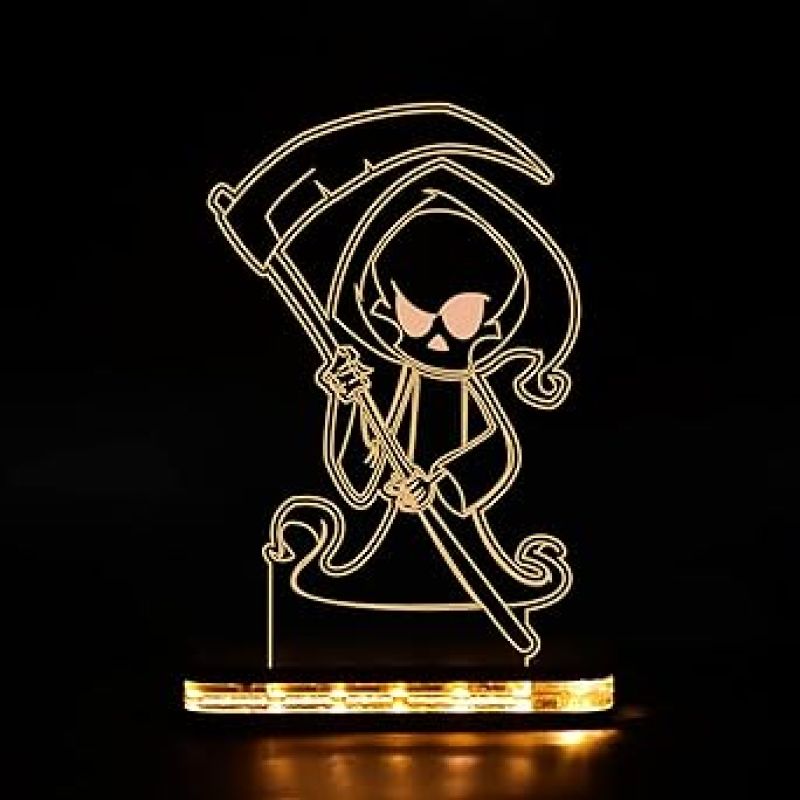 3D Illusion Cartoon Grimreaper Night Lamp with Warm White Light  Best Gift for Children Girls Boys  Gift for Cartoon Lover  Kids Room & Home Decoration Table Lamp Wooden Base