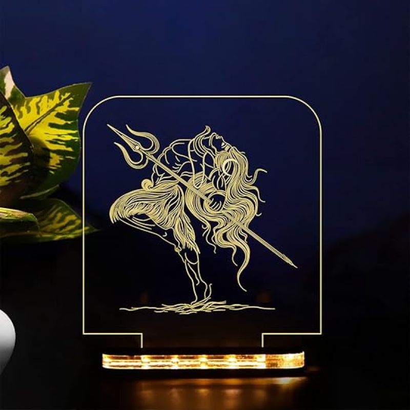 3D Illusion Shiv shambhu Night lamp for Home puja Room mandir Temple Home décor (Warm White Light) Wood Base