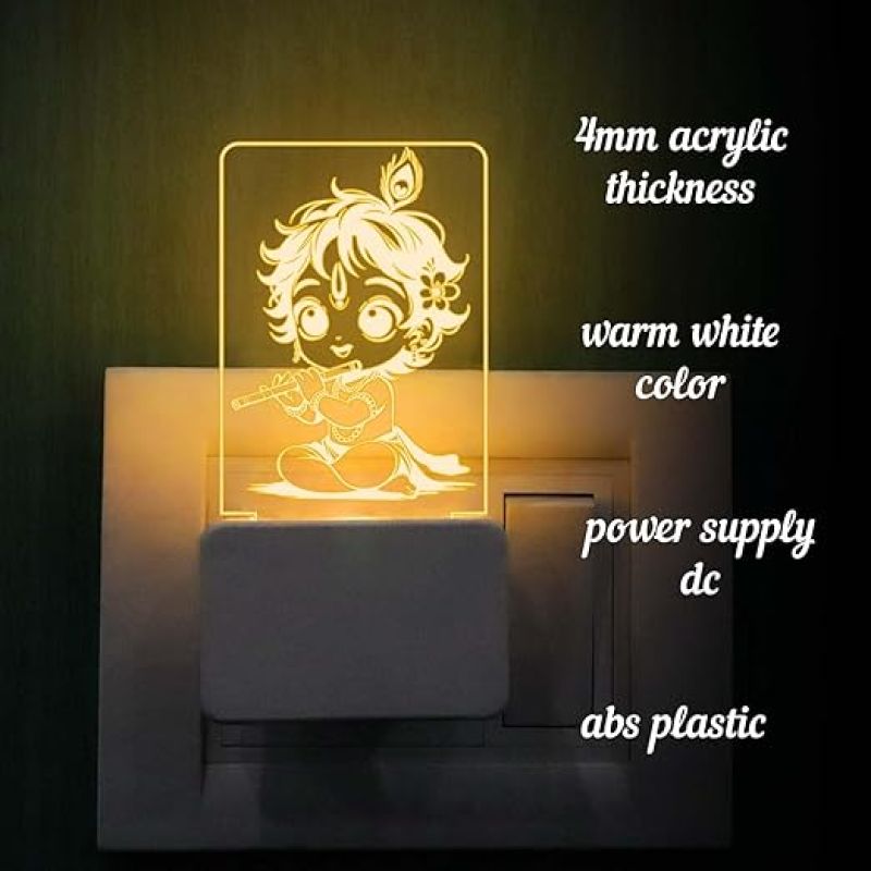 3D Illusion Cute Lord Krishna Plug Night Lamp with Warm White Light  Lamp for Kids Room  Pooja Room Decor Light  Blessing Gift Lamp  Festival Gift  Bedroom Decor Lamp