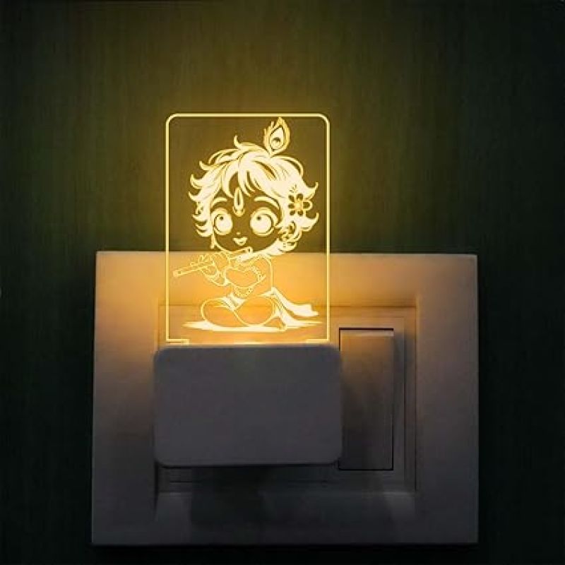 3D Illusion Cute Lord Krishna Plug Night Lamp with Warm White Light  Lamp for Kids Room  Pooja Room Decor Light  Blessing Gift Lamp  Festival Gift  Bedroom Decor Lamp